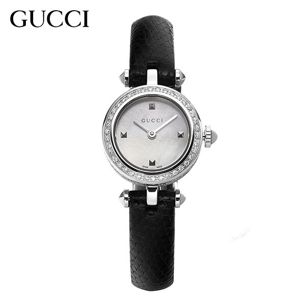  Shop Authentic Gucci Diamantissima Diamonds Mother of Pearl Dial Black Leather Strap Watch For Women - YA141511 - Luxxuri