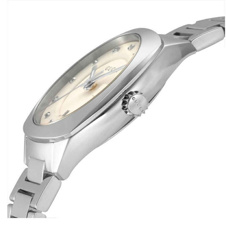  Shop Authentic Gucci G Frame Quartz Diamonds Silver Dial Silver Steel Strap Watch For Women - YA142504 - Luxxuri