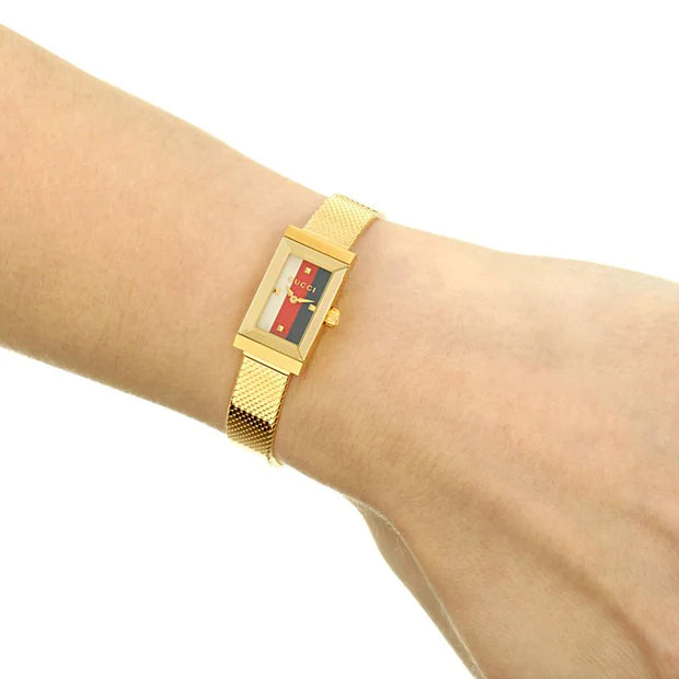 Shop Authentic Gucci G Frame Quartz Diamonds White Red Blue Dial Gold Mesh Bracelet Watch For Women - YA147511 - Luxxuri