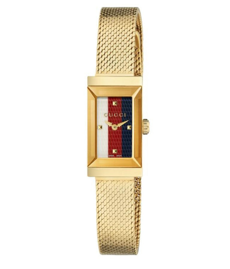  Shop Authentic Gucci G Frame Quartz Diamonds White Red Blue Dial Gold Mesh Bracelet Watch For Women - YA147511 - Luxxuri