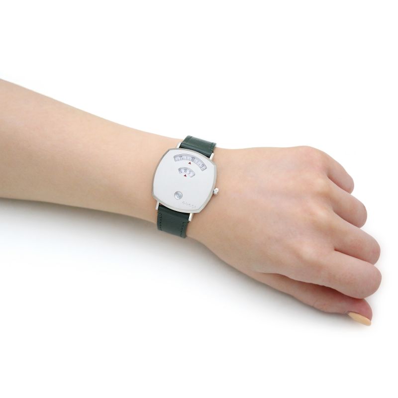  Shop Authentic Gucci Grip Quartz Silver Dial Green Leather Strap Unisex Watch - YA157406 - Luxxuri