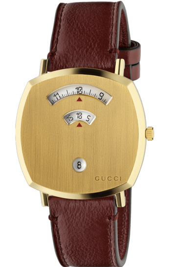  Shop Authentic Gucci Grip Yellow Gold Dial Maroon Leather Strap Unisex Watch - YA157411 - Luxxuri