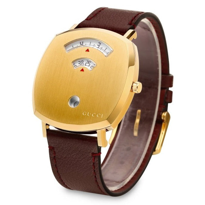  Shop Authentic Gucci Grip Yellow Gold Dial Maroon Leather Strap Unisex Watch - YA157411 - Luxxuri