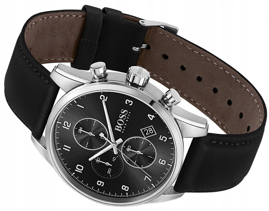  Shop Authentic Hugo Boss Skymaster Black Dial Black Leather Strap Watch for Men - 1513782 - Luxxuri