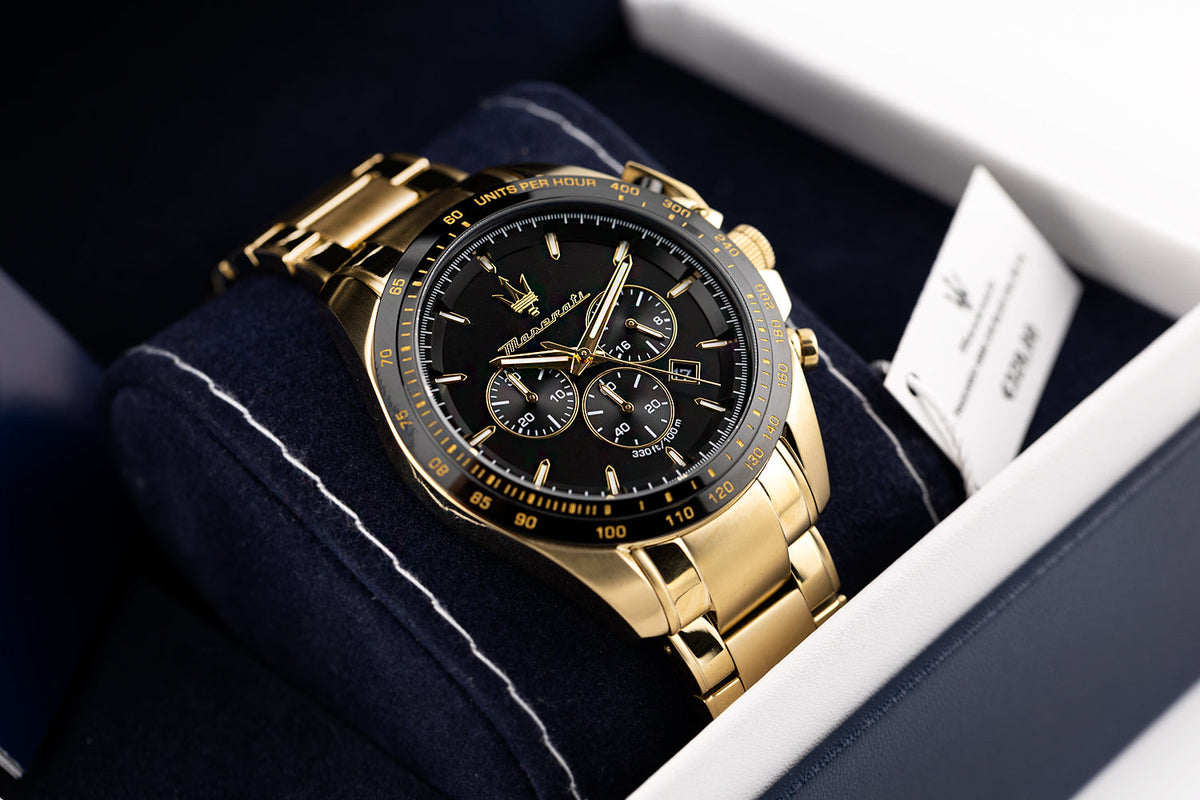  Shop Authentic Maserati Traguardo Chronograph Black Dial Gold Steel Strap Watch For Men - R8873612041 - Luxxuri