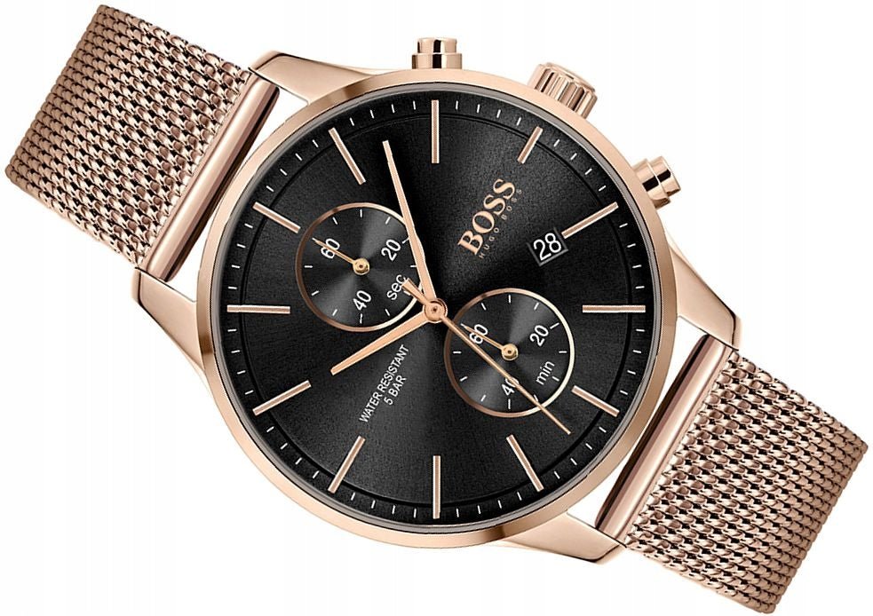  Shop Authentic Hugo Boss Associate Black Dial Rose Gold Mesh Bracelet Watch for Men - 1513806 - Luxxuri