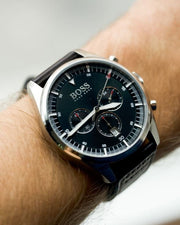  Shop Authentic Hugo Boss Pioneer Chronograph Black Dial Black Leather Strap Watch For Men - 1513708 - Luxxuri