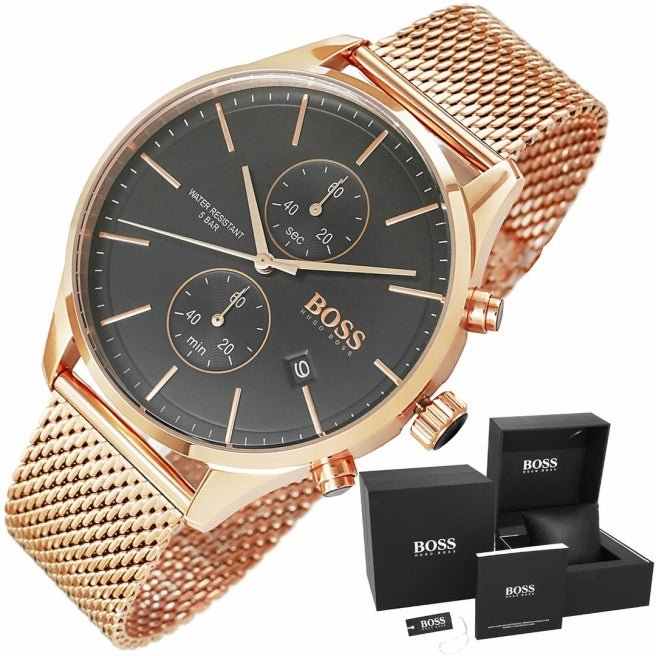  Shop Authentic Hugo Boss Associate Black Dial Rose Gold Mesh Bracelet Watch for Men - 1513806 - Luxxuri
