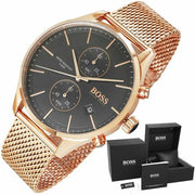  Shop Authentic Hugo Boss Associate Black Dial Rose Gold Mesh Bracelet Watch for Men - 1513806 - Luxxuri