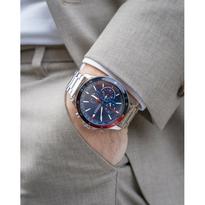  Shop Authentic Tommy Hilfiger Bank Chronograph Blue Dial Silver Steel Strap Watch for Men - 1791718 - Luxxuri