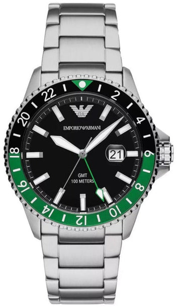  Shop Authentic Emporio Armani Sea Explorer GMT Quartz Black Dial Silver Steel Strap Watch For Men - AR11589 - Luxxuri