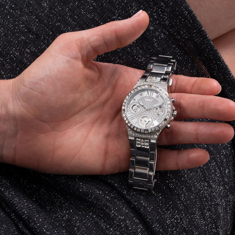  Shop Authentic Guess Moonlight Multi Function Diamonds Silver Dial Silver Steel Strap Watch for Women - GW0320L1 - Luxxuri