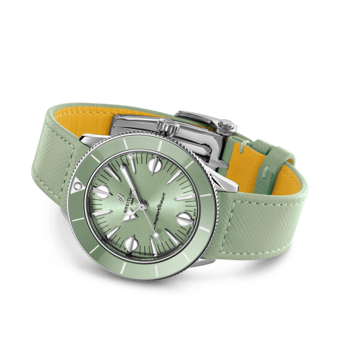  Shop Authentic Breitling Superocean Heritage '57 Pastel Paradise Green Dial Green Leather Strap Watch for Women - A10340361L1X1 - Luxxuri