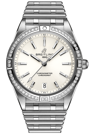  Shop Authentic Breitling Chronomat Automatic 36 Diamonds White Dial Silver Steel Strap Watch for Women - A10380591A1A1 - Luxxuri