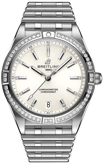 Shop Authentic Breitling Chronomat Automatic 36 Diamonds White Dial Silver Steel Strap Watch for Women - A10380591A1A1 - Luxxuri