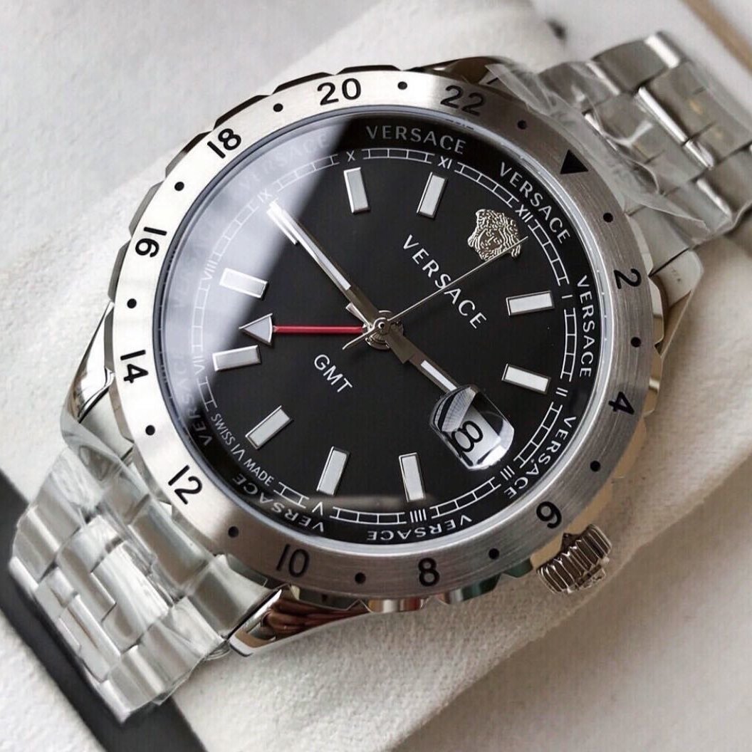  Shop Authentic Versace Hellenyium GMT Black Dial Silver Steel Strap Watch for Men - V11020015 - Luxxuri