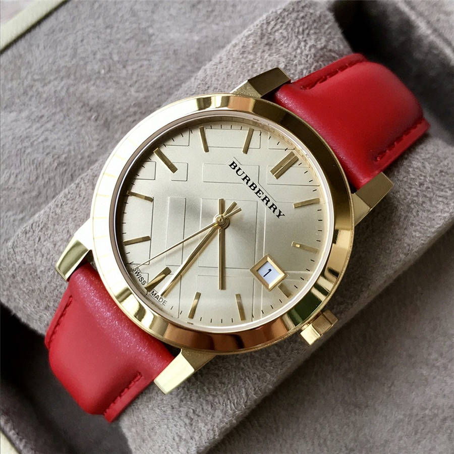  Shop Authentic Burberry The City Gold Dial Red Leather Strap Watch for Women - BU9140 - Luxxuri
