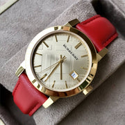  Shop Authentic Burberry The City Gold Dial Red Leather Strap Watch for Women - BU9140 - Luxxuri