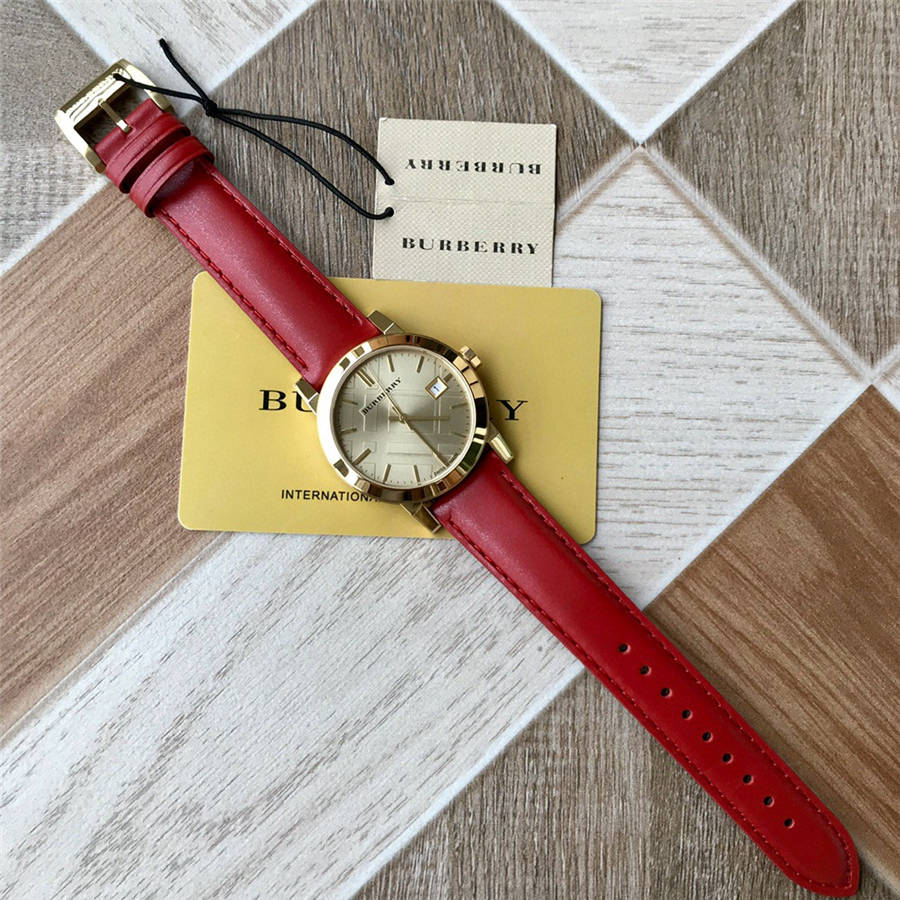  Shop Authentic Burberry The City Gold Dial Red Leather Strap Watch for Women - BU9140 - Luxxuri