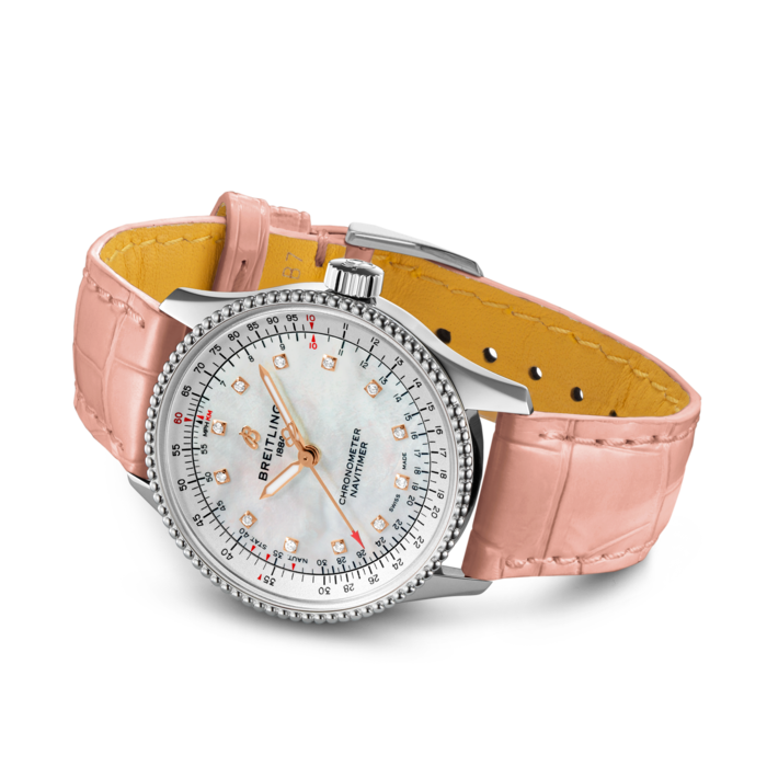  Shop Authentic Breitling Navitimer Automatic 35 Mother of Pearl Dial Pink Leather Strap Watch for Women - A17395211A1P3 - Luxxuri