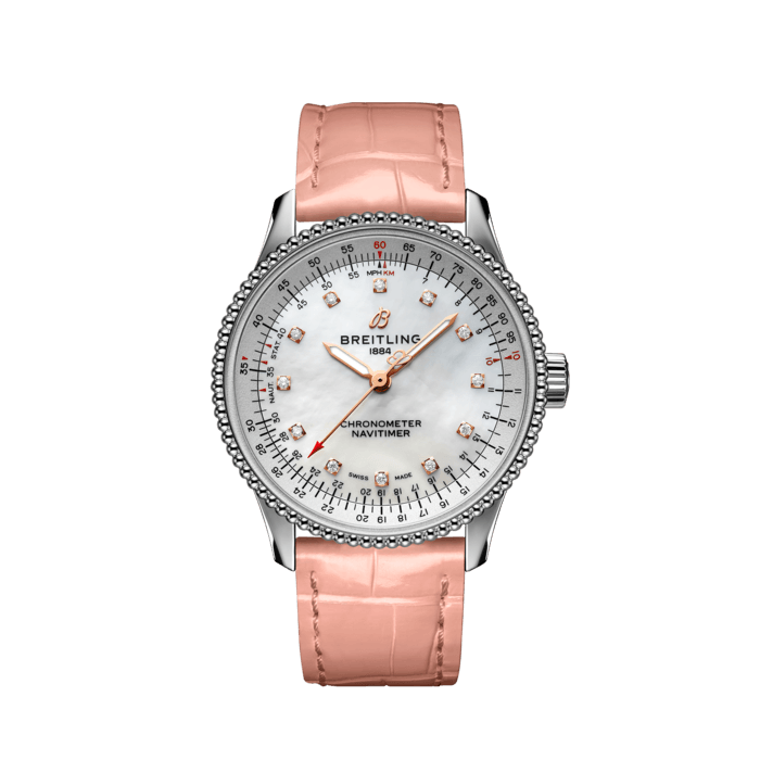  Shop Authentic Breitling Navitimer Automatic 35 Mother of Pearl Dial Pink Leather Strap Watch for Women - A17395211A1P3 - Luxxuri