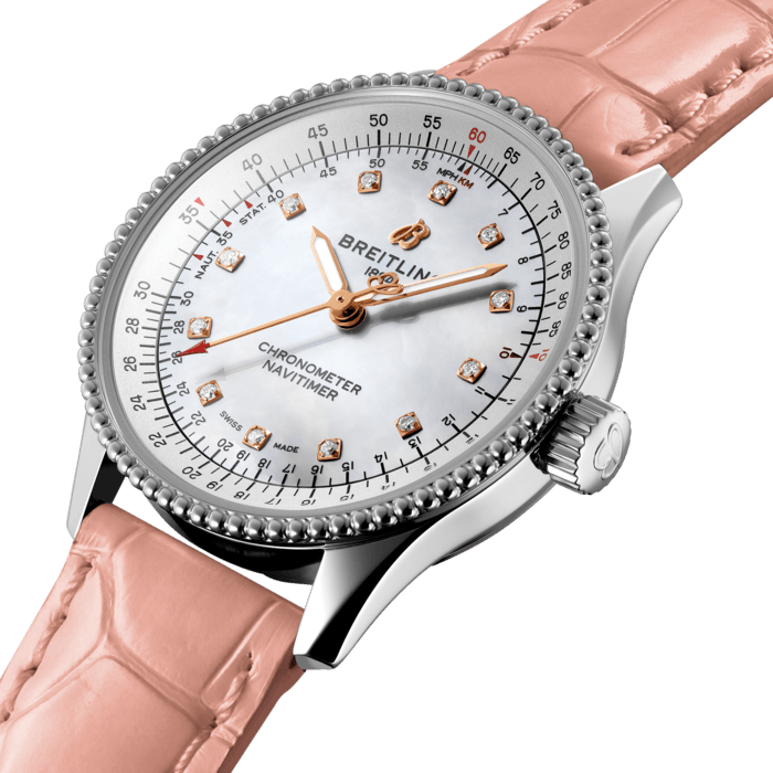  Shop Authentic Breitling Navitimer Automatic 35 Mother of Pearl Dial Pink Leather Strap Watch for Women - A17395211A1P3 - Luxxuri