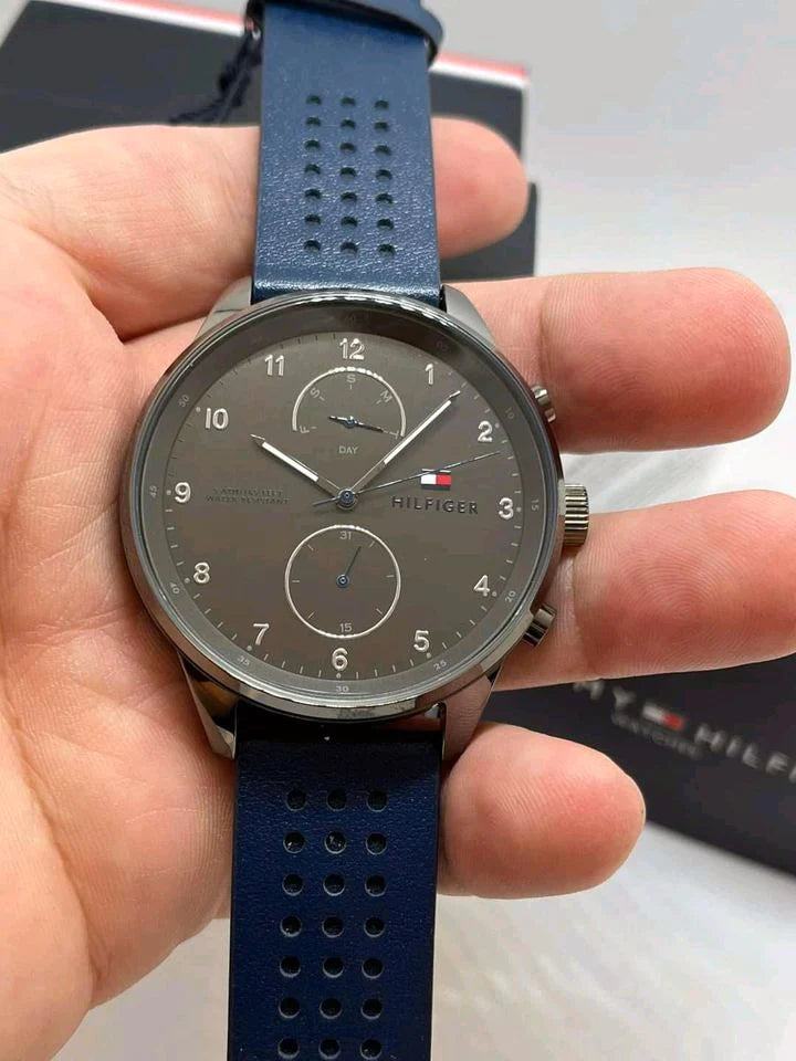  Shop Authentic Tommy Hilfiger Chase Grey Dial Blue Leather Strap Watch for Men - 1791578 - Luxxuri