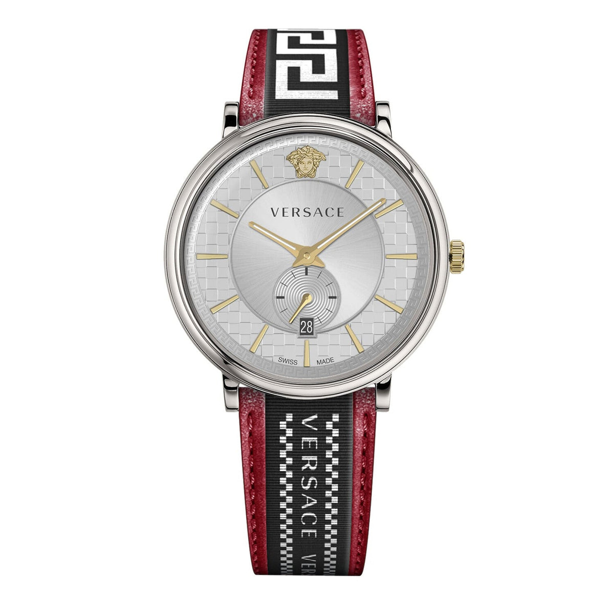  Shop Authentic Versace V Circle Silver Dial Two Tone Leather Strap Watch for Men - VEBQ01319 - Luxxuri