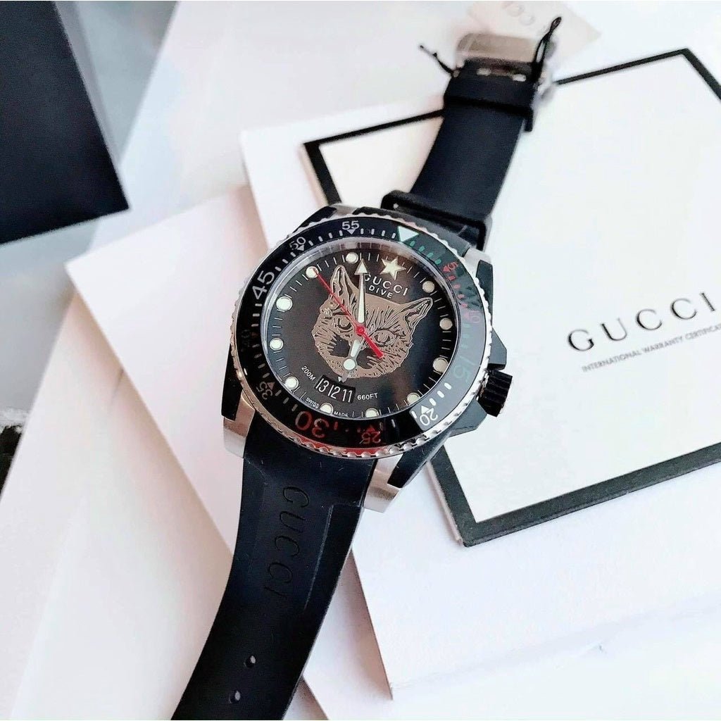  Shop Authentic Gucci Dive Feline Black Dial Black Rubber Strap Watch For Men - YA136320 - Luxxuri