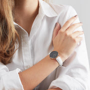  Shop Authentic Daniel Wellington Classic Petite Bondi Black Dial White Leather Strap Watch For Women - DW00100285 - Luxxuri