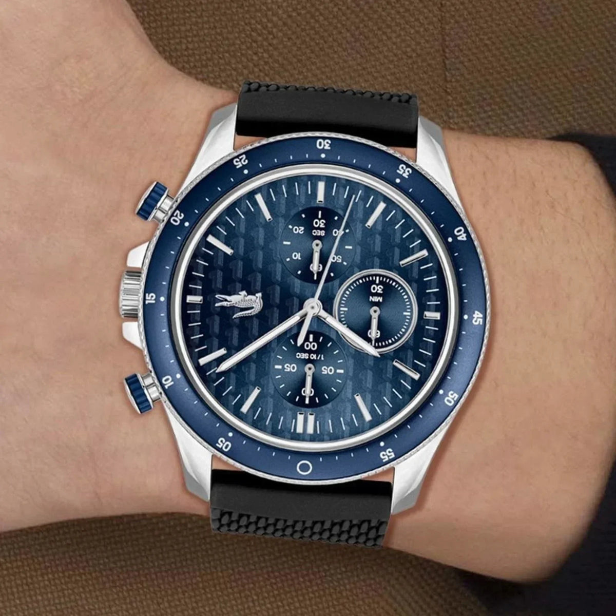 Lacoste Neoheritage Chronograph Blue Dial Black Silicone Strap Watch for Men - 2011252