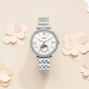  Shop Authentic Fossil Jacqueline Multifunction Moonphase White Dial Silver Steel Strap Watch for Women - ES5164 - Luxxuri
