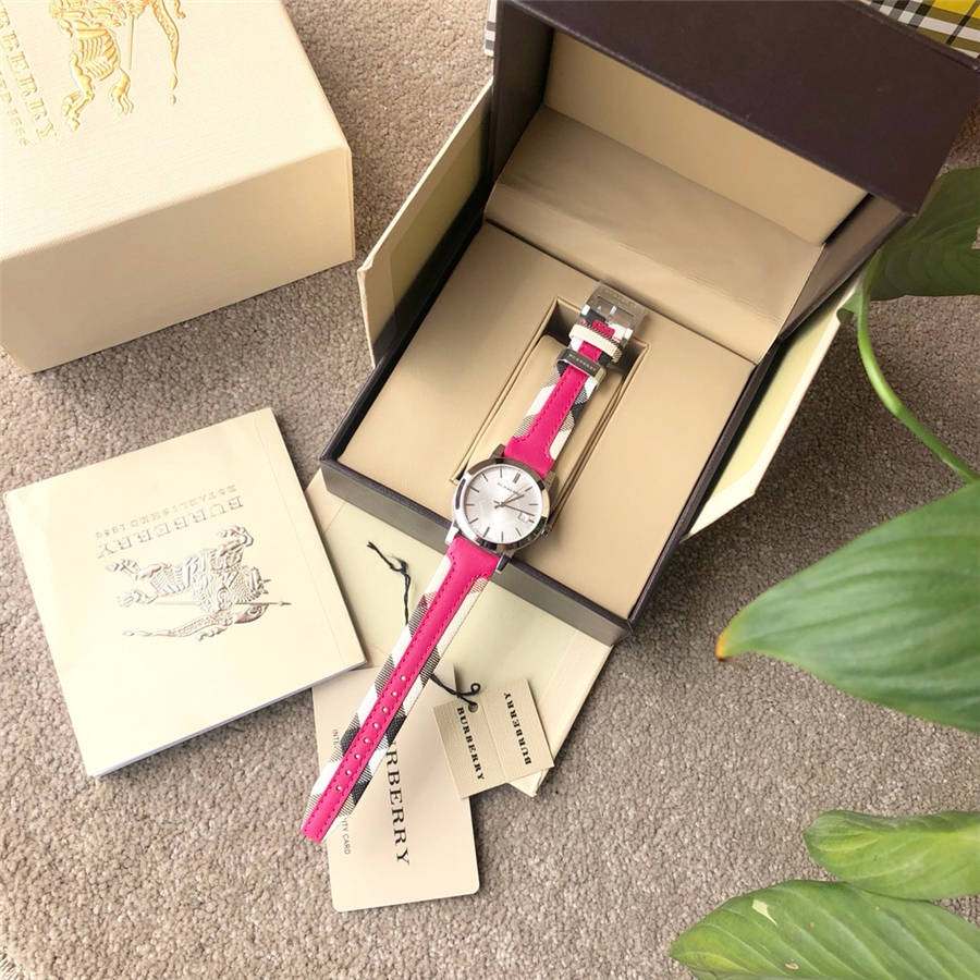  Shop Authentic Burberry The City White Dial Haymarket Pink Leather Strap Watch for Women - BU9149 - Luxxuri