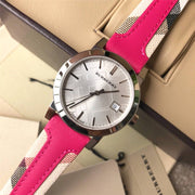  Shop Authentic Burberry The City White Dial Haymarket Pink Leather Strap Watch for Women - BU9149 - Luxxuri