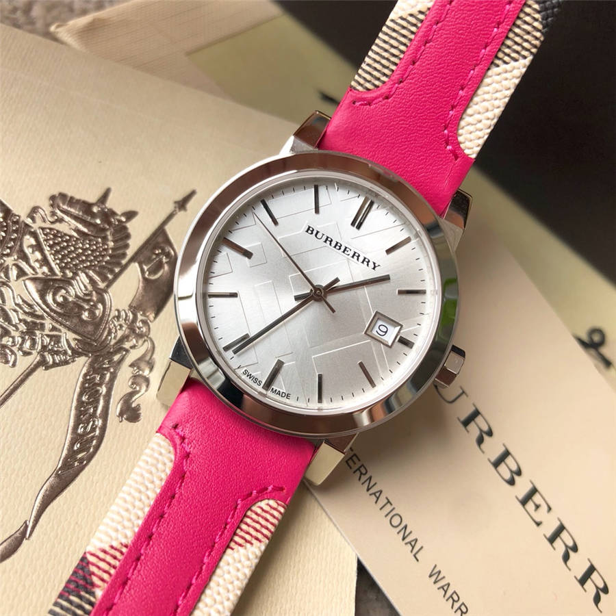  Shop Authentic Burberry The City White Dial Haymarket Pink Leather Strap Watch for Women - BU9149 - Luxxuri