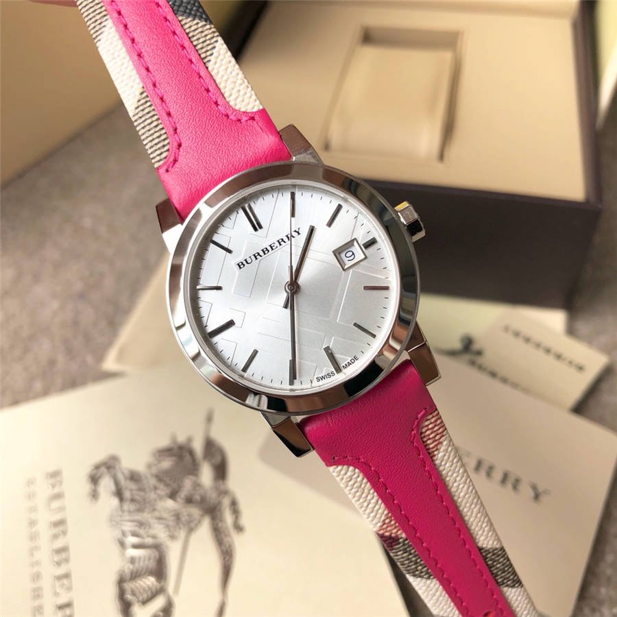  Shop Authentic Burberry The City White Dial Haymarket Pink Leather Strap Watch for Women - BU9149 - Luxxuri