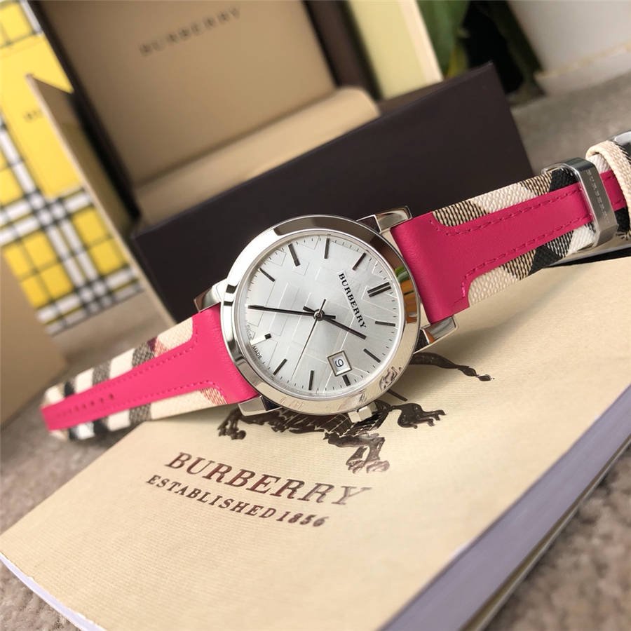  Shop Authentic Burberry The City White Dial Haymarket Pink Leather Strap Watch for Women - BU9149 - Luxxuri