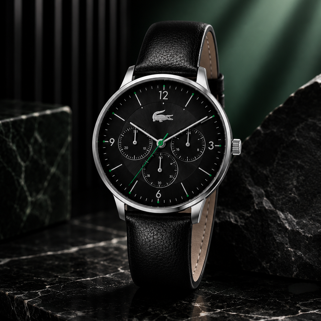 Lacoste Club Multi Watch Black Dial Black Leather Strap Watch for Men - 2011139