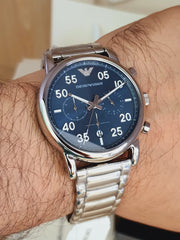  Shop Authentic Emporio Armani Luigi Chronograph Blue Dial Silver Steel Strap Watch For Men - AR11132 - Luxxuri
