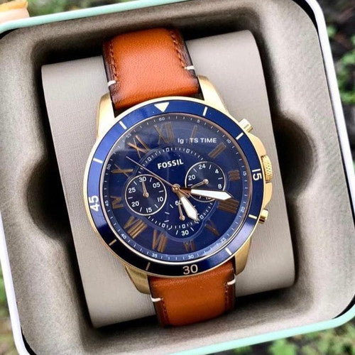  Shop Authentic Fossil Grant Sport Chronograph Blue Dial Brown Leather Strap Watch for Men - FS5268 - Luxxuri