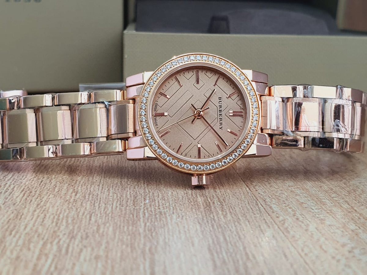  Shop Authentic Burberry The City Diamonds Rose Dial Rose Gold Steel Strap Watch for Women - BU9225 - Luxxuri