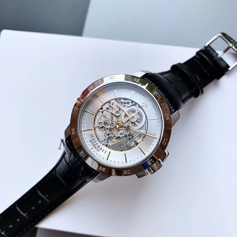  Shop Authentic Maserati Ingegno Automatic Black Skeleton Dial Black Leather Strap Watch For Men - R8821119002 - Luxxuri