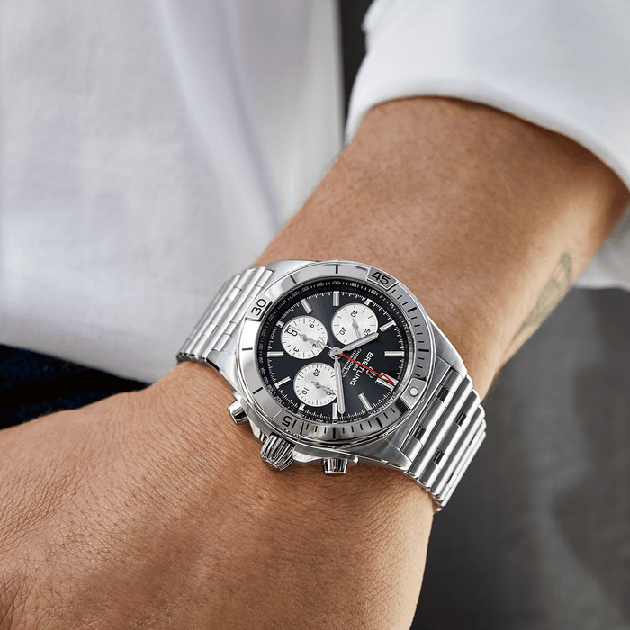  Shop Authentic Breitling Chronomat B01 42mm Black Dial Silver Steel Strap Watch for Men - AB0134101B1A1 - Luxxuri