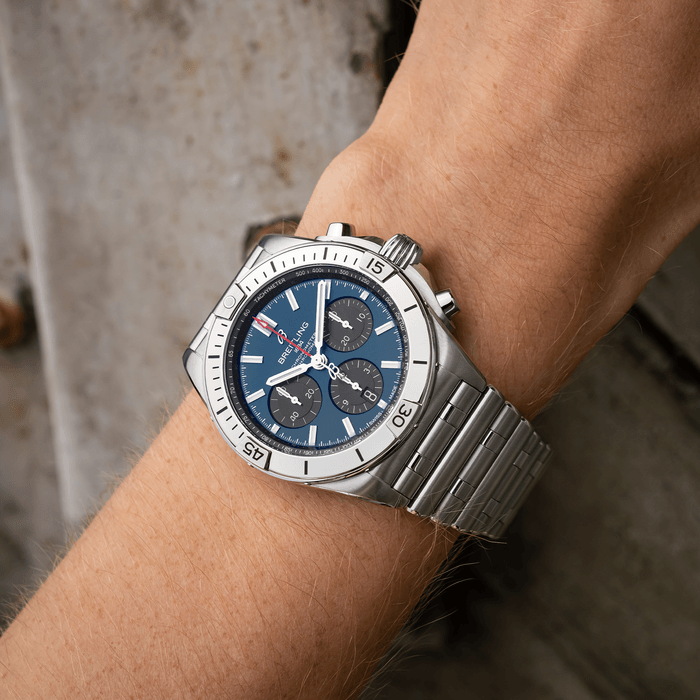  Shop Authentic Breitling Chronomat B01 42mm Blue Dial Silver Steel Strap Watch for Men - AB0134101C1A1 - Luxxuri