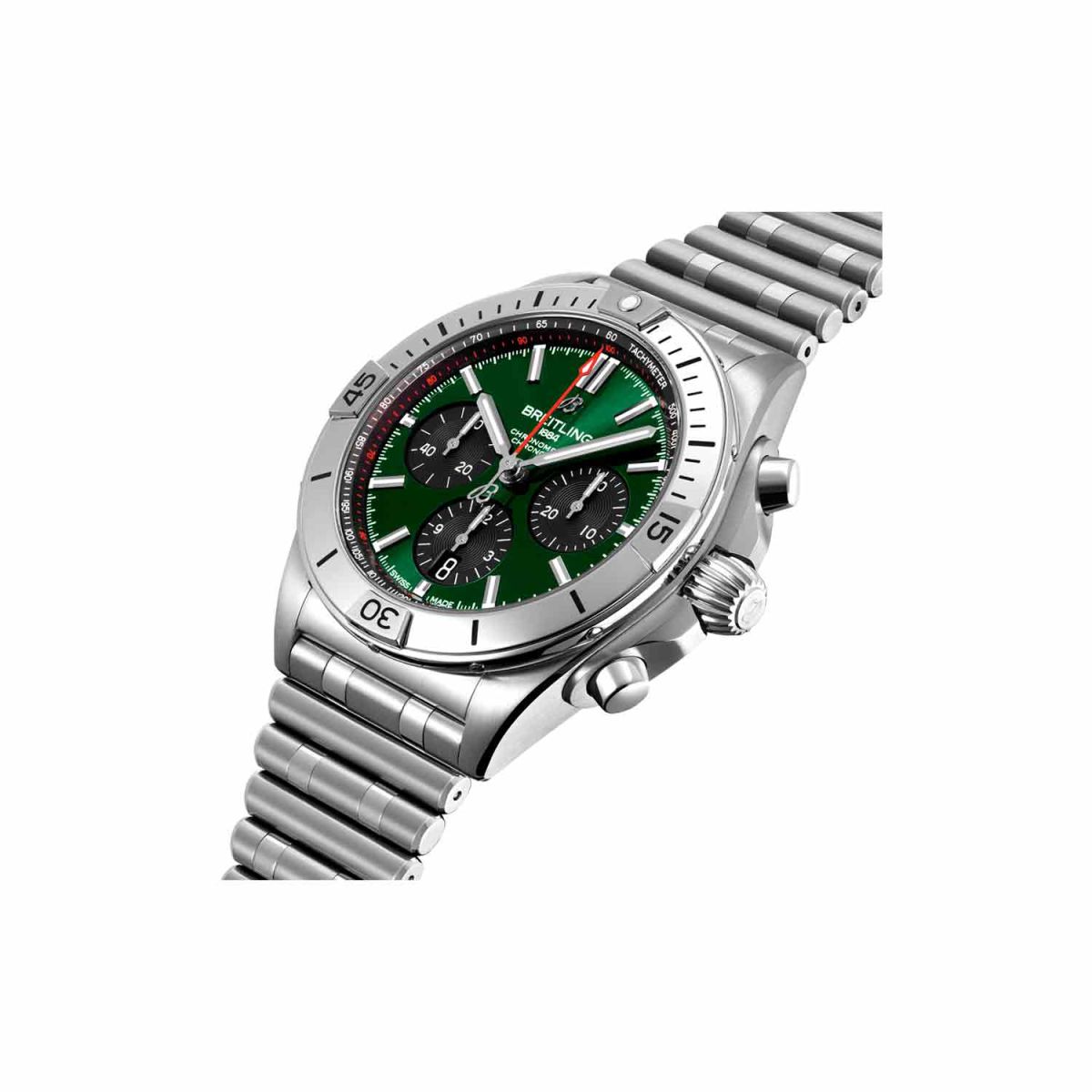  Shop Authentic Breitling Chronomat B01 42 Green Dial Silver Steel Strap Watch for Men - AB0134101L1A1 - Luxxuri