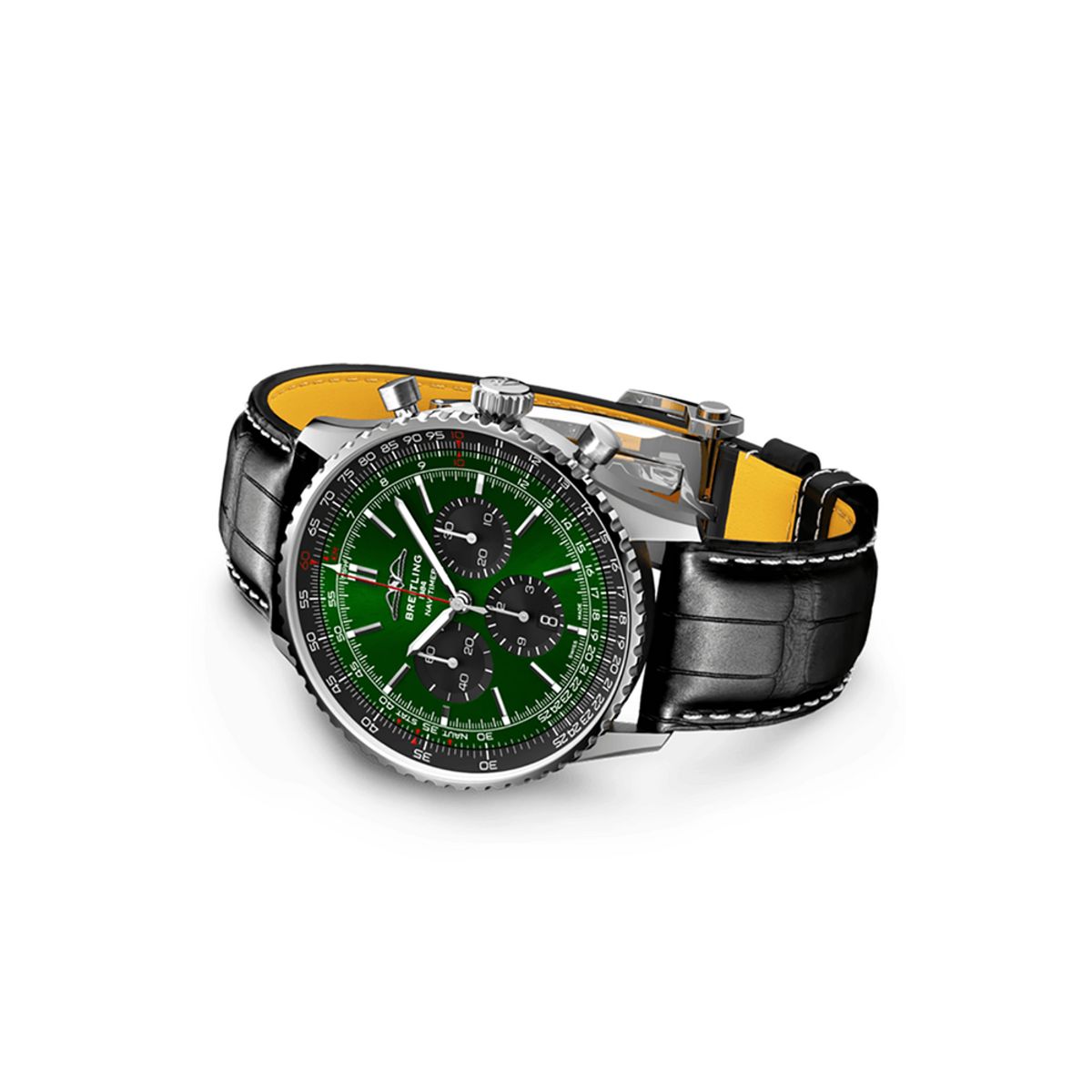  Shop Authentic Breitling Navitimer B01 Chronograph 46 Green Dial Black Leather Strap Watch for Men - AB0137241L1P1 - Luxxuri