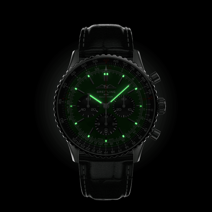  Shop Authentic Breitling Navitimer B01 Chronograph 46 Green Dial Black Leather Strap Watch for Men - AB0137241L1P1 - Luxxuri