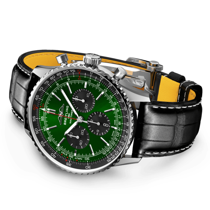 Shop Authentic Breitling Navitimer B01 Chronograph 46 Green Dial Black Leather Strap Watch for Men - AB0137241L1P1 - Luxxuri