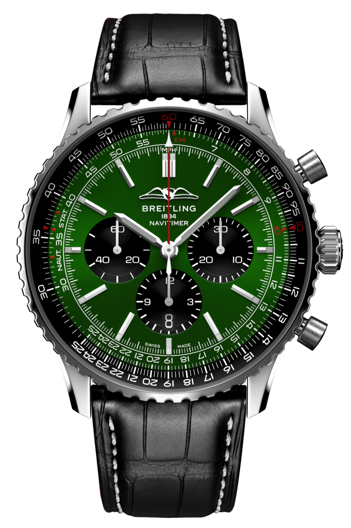  Shop Authentic Breitling Navitimer B01 Chronograph 46 Green Dial Black Leather Strap Watch for Men - AB0137241L1P1 - Luxxuri