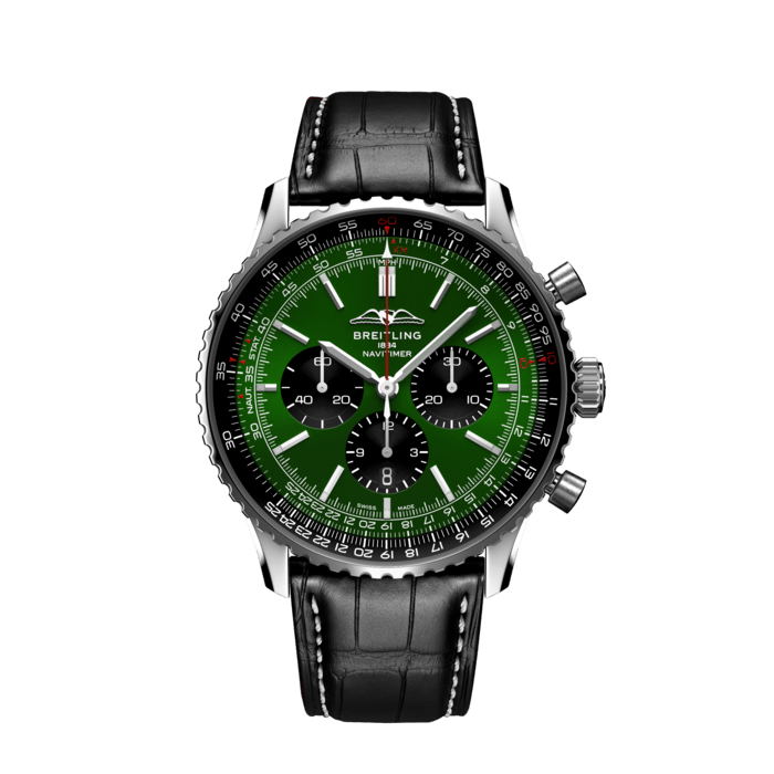  Shop Authentic Breitling Navitimer B01 Chronograph 46 Green Dial Black Leather Strap Watch for Men - AB0137241L1P1 - Luxxuri